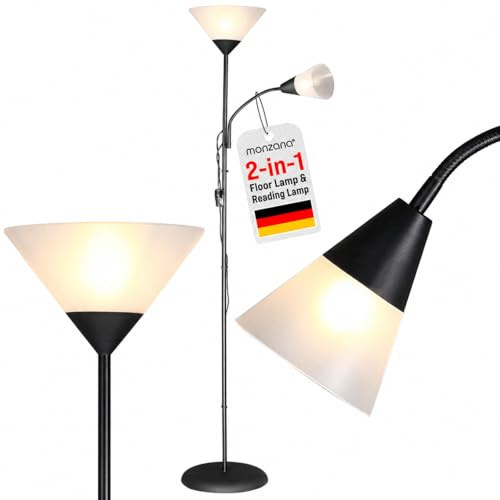 Monzana® Floor Lamp Alissa | 2-in-1 LED Uplighter and Reading Light | Freestanding Modern Design | Adjustable Flexible Arm | E27 and E14 Bulb Fittings | 175cm | Black