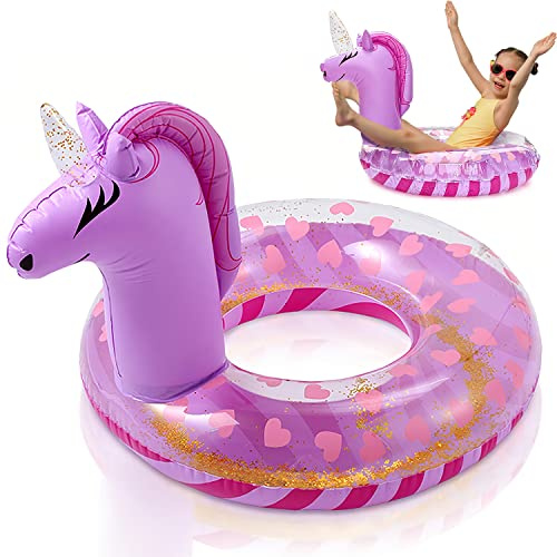 WenYa 22 Inch Unicorn Inflatable Floats Rings for Kids, Girls Unicorn Inflatable Pool Rings with Glitter for Kids Swimming Pool Water Sports(Purple）