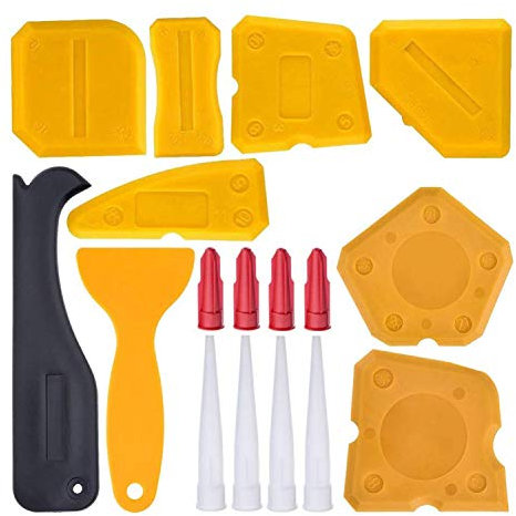 17 Pieces Caulking Tool Kit Silicone Sealant Finishing Tool Grout Scraper Caulk Remover and Caulk Nozzle and Caulk (Yellow)