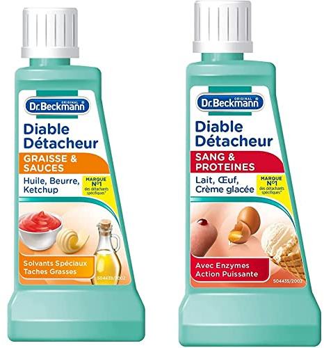 Dr. Beckmann - Diable Détacheur Graisse & Sauces 50 ml - Détachant spécifique pour taches d'huile, beurre, sauce tomate, ketchup - x3 & Set de 3 Diable Détacheur Sang & Protéines 50 ml 3 Unités