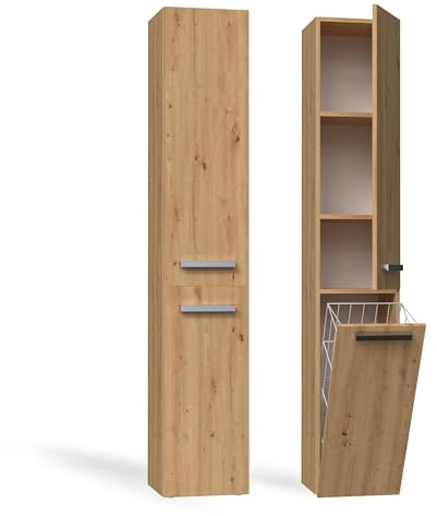 CDF Meuble de Salle de Bain Colonne Étroite Chêne Artisan WC 30x31x174 cm | Avec Panier à Linge, Résistant à l'Humidité, Pour Petits Espaces, Couloir, Organisation Verticale Quotidienne