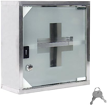 LARS360 Armoire à pharmacie en acier inoxydable pour rangement et boîte de premiers secours, verrouillable, avec porte en verre trempé, 30 x 12 x 30 cm (2 étagères)