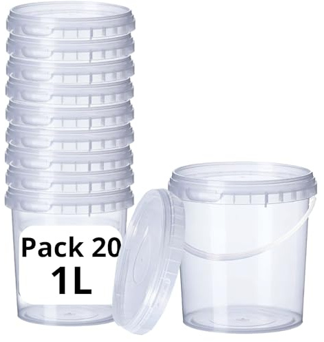GROWMANIA Pack x20 Cubo Plástico 1L Transparente con Asa – Tupper Hermético Apto para Alimentos, Líquidos y Pintura - Bote Almacenamiento – Tarro Contenedor Resistente