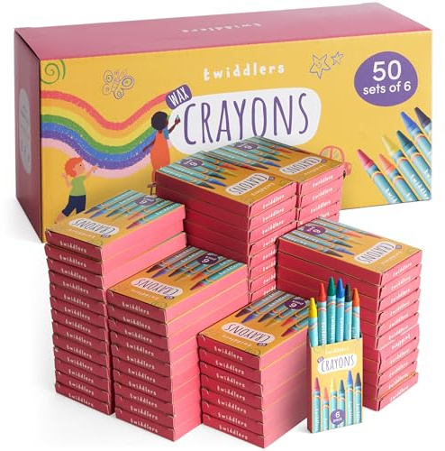 THE TWIDDLERS 50 Boxes of Wax Crayons for Kids, 6 Per Box, 300 Total - Mixed Coloured, Perfect Mini Crayon Packs for Party Bag Fillers, Classroom Rewards, Arts & Crafts and Wedding Activity Packs