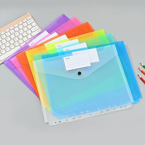 Oenothera 12 Piezas 6 Color Bolsillos Perforados A4 de Plástico, Bolsillos para Documentos A4 con Botón y Etiquetas, Bolsas Perforadas para Carpetas para Oficina, la Escuela y el Hogar