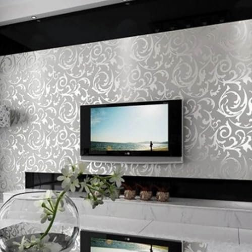 Baketron Silver Grey Wallpaper 3D Metallic Silver Glitter Embossed Wallpaper Feature Grey Damask Wallpapers Retro Gothic Floral Leaf Textured for Livingroom Bedroom Adult Kitchen Hallway
