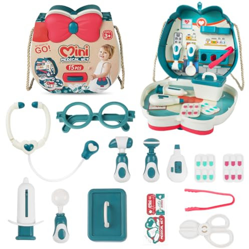 Aomig Arztkoffer Kinder 15 Pcs Doktorkoffer mit Stethoskop Thermometer Spritze Arzttasche Kinder ab 3 Jahre Zahnarztspielzeug Medizinische Spielzeug Arztspielzeugrucksack Doktorkoffer kinderarzt Grün