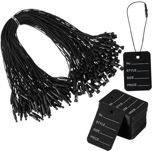 Nezyo 200 Pcs Etiquetas de Precio y Cordón de Poliéster Etiquetas de Precio con Cordón 35 x 50 mm Cordón de Poliéster con Cierre a Presión para Colocar Etiquetas de Seguridad para Ropa(Negro)