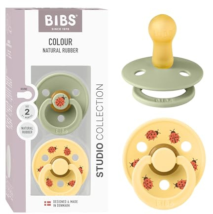 BIBS Colour Studio Soother 2-Pack, BPA Free Dummy Pacifier, Round Nipple. Natural Rubber Latex, Made in Denmark, Size 2 (6-18 Months), Sage/Pale Butter