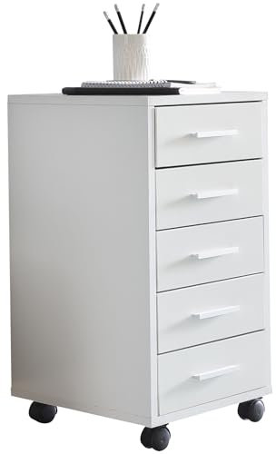 FineBuy Rollcontainer Weiß 33 x 63 x 38 cm Holz Schubladenschrank Schreibtisch, Büro Schrank mit 5 Schubladen, Container Rollschrank klein Standcontainer schmal, Schreibtischcontainer mit Rollen