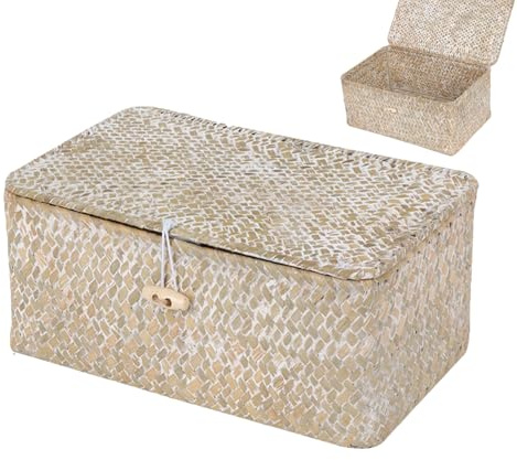 Cesto Portaoggetti in Rattan Intrecciato, Cestino Portaoggetti Rettangolare Intrecciato Fatto a Mano con Coperchio, Organizer per Trucchi Multifunzionale, per Cosmetici e Abbigliamento (M, Bianco)