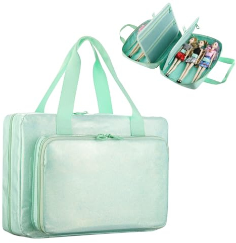 Beautyflier Carrying Case Compatible with Barbie Dolls 12-Inch, Portable Organizer Storage Bag Holds up to 6 Dolls, Toy Doll Storage Box, Multiple Pockets for Accessories, Bag Only (Light Green)