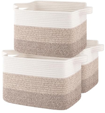 Lot de 3 Paniers de Rangement en Tissu et Corde de Coton Tressée – Avec Poignées – Panier Rectangulaire pour Jouets, Linge, Salle de Bain ou Chambre Bébé – Beige Dégradé (28 * 20 * 19 cm)