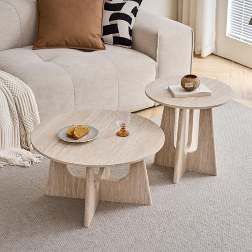 GrandCA HOME Lot de 2 Table Basse Ronde, Table D'appoint de Salon de Style Minimaliste Moderne, Matériau en Panneaux de Fibres de Densité Moyenne, Convient pour Le Salon, La Chambre à Coucher - Beige