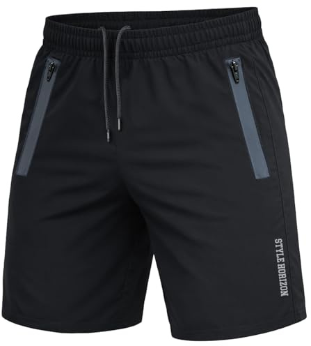 Style Horizon Mens Running Shorts with 2 Zip Pockets, Quick-Drying Breathable Shorts for Gym, Sports & Workout (S1, Black, XL)