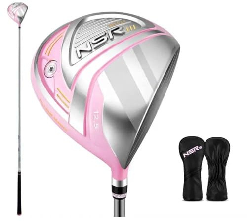 NSR III Golfklubbar för kvinnor högerhänt nr.1/No.3/No.5 Hybrid träklubb titan golfdriver kolskaft hög studs med huvudskydd (#1, rosa)