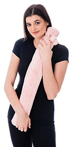 LIVIVO 2L Extra Long Hot Water Bottle – 72cm Hot Water Bag with Fleece Cover & Decorative Pom-Poms for Winter Warmth, Pain & Stress Relief – Removable Washable Sleeve and Leakproof Screw Cap - Pink