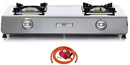 NJ NGB-200 Portable Gas Stove 2 Burner Portable Camping Hob 70cm Stainless Steel Wok 7.2kW (Propane gas 27mm Clip-on)