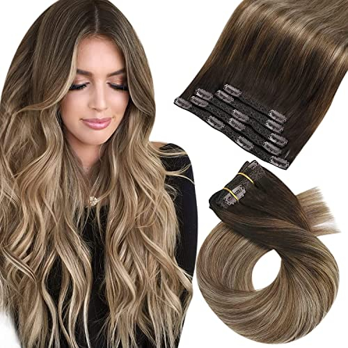 Moresoo Clip in Extensions Echthaar, Salon Qualität Weiches Glattes Haar 35 cm 5 Stück 80g Echthaar Extensions Clip in #4/10/16 Braun zu Braun mit Blond, Leicht zu Tragen Solide und Langlebig 14 Zoll