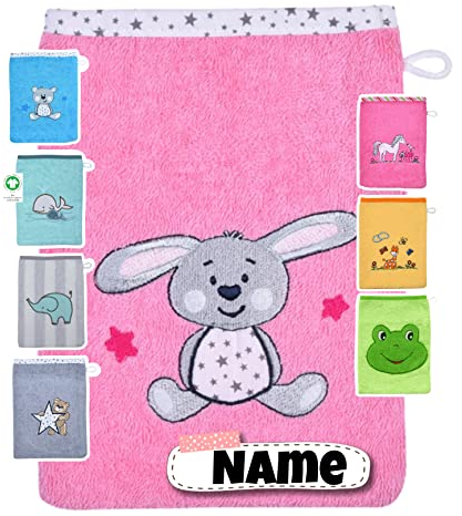 Baby Waschhandschuh personalisiert | 15x20 cm | Waschlappen Kinder mit Namen bestickt | 100% Baumwolle | Frottee | Baby Geschenke (Hase bubblegum)