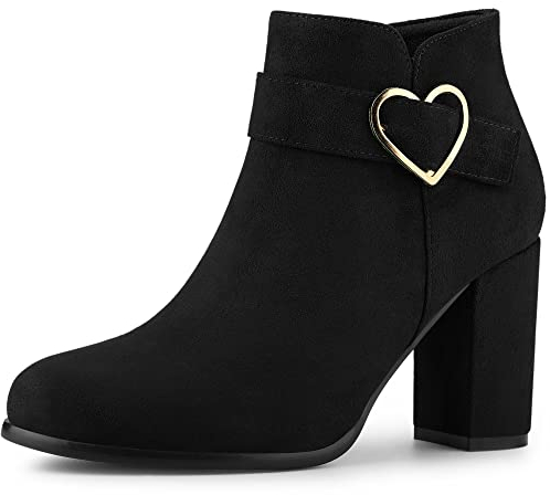 Allegra K Bottines à talons épais avec boucle et fermeture éclair sur le côté pour femme, noir, 41 EU