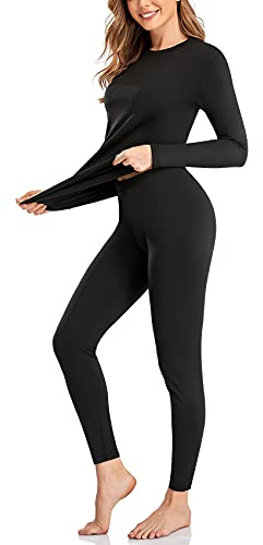 SIMIYA Thermounterwäsche Damen 1er 2er Set, warme Thermounterwäsche mit Innenfleece, Ultraleicht Unterteil und Oberteil lang Funktionsunterwäsche U Ausschnitt Skiunterwäsche für Winter(Schwarz,S)