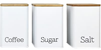 IlGruppone Contenitori Latta Bianchi Cucina Contenitore Certificato Alimenti Barattoli Coperchio In Bamboo Organizer Caffè,Sale,Zucchero - Tris Caffe/Zucchero/Sale