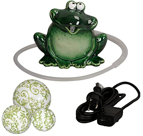 Storm's Gartenzaubereien Wasserspeier Frosch mit Pumpe 230V 12cm und 3 grünen Schwimmkugeln für Miniteiche - Balkon und Terrasse
