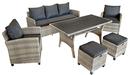 BELLAVISTA Garten Sitzgruppe Madeira II - Grau, Polyrattan, für 7 Personen, Wetterfest, Gartenmöbel-Set 6 teilig mit Sofa, Tisch, 2 Sessel, 2 Hocker