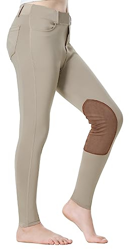 SPOEAR Kids Horse Riding Pants Equestrian Girls Knee-Patch Breeches Horseback Riding Schooling Tights Pockets(Khaki,M)