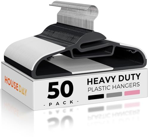 HOUSE DAY Svarta plastgalgar, 50-pack, smala och platsbesparande, halkfria galgar med gummikuddar, robusta klädhängare för garderoben, S-formade klädhängare för skjortor, kostymer, byxor och kjolar.