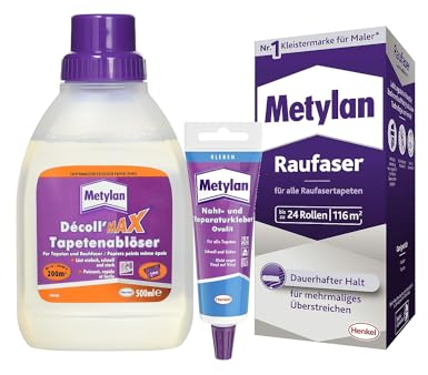 Metylan Raufaser, Tapetenkleister für Raufasertapete (1x720g) & Metylan Naht- und Reparaturkleber (1x60g) & Metylan Tapetenablöser Aktiv-Konzentrat, löst problemlos (1x0,5l)