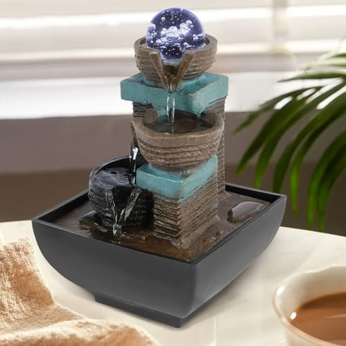 Indoor Tabletop Fountain Water Features with Illuminated Crystal Ball Indoor Water Features Polyresin Statues Home Decoration Desktop Waterfall Fountain for Meditation Relaxation Desk Water Fountain