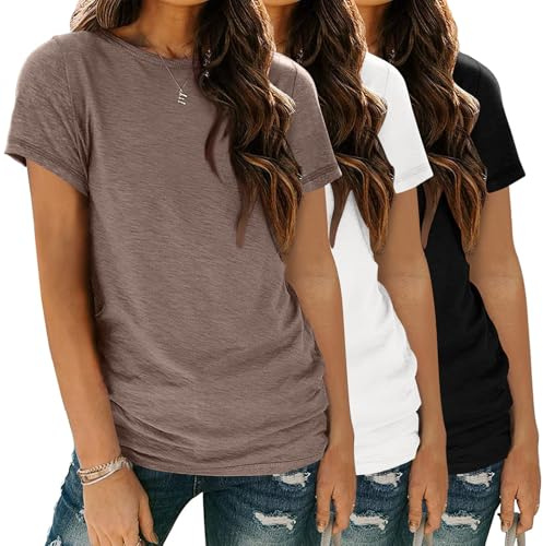 Zeagoo Basic Tees for Women 3 Pack Short Sleeve Shirts Plain T Shirts Cotton Shirts Casual Summer Tops Crewneck Blouses