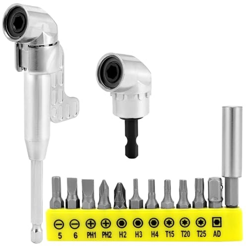 QWORK® 2 pieces 105° angle screwdriver adapter long + short, 1/4-inch hex shank, with 12 screwdriver bits