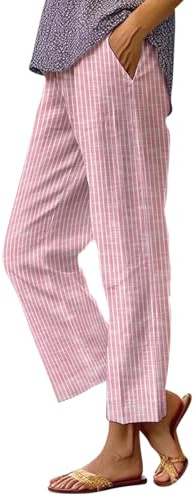 riou Pantalones Mujer Verano Largos Frescos Lino de Algodón con Cordón de Cintura Elástica Pantalones Deportivos Ligeros Pantalón de Chándal Suave y Cómodo para Yoga Jogging Fitness