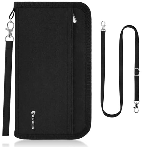 Arvok Sac pour passeport, organiseur familial avec bloqueur RFID, housse à documents de voyage avec grande capacité, pour argent, cartes et billets d'avion