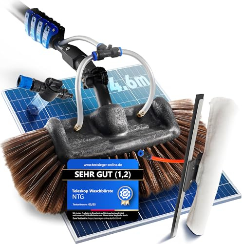 NTG Teleskop Waschbürste 4,6m 3-in-1 Bürstenkopf mit extra weichen Borsten | Mikrofasertuch & Abzieher + Wasseranschluss | Wintergarten Reinigungsset PV Anlage Reinigung Waschbürste mit Teleskopstiel
