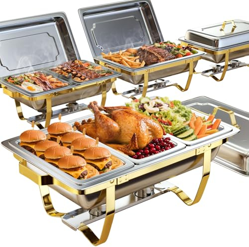 Nessxa Chafing Dishes for Buffet 4 Pack 7pan, 9QT [Elegant Gold and Silver Colors] Stainless Steel Chafing Dish Buffet Set [Sturdy and High Grade] Chafers and Buffet Warmers Sets