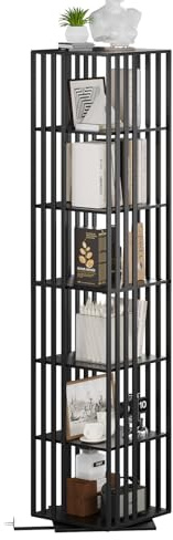 Tohomeor 6-stufiger drehbarer Bücherregal-Turm aus Metall – 360° drehbares Bücherkarussell, vertikales Spiralregal als platzsparender Eckenorganizer (Schwarz, 176cm)