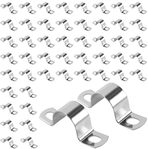 HONYUET 50 Pack 25mm Stainless Steel Pipe Strap Clamps, 1 Inch U Shaped Saddle Clips with 2 Holes for Fixing Hoses, Water Pipes, Wires, Tube