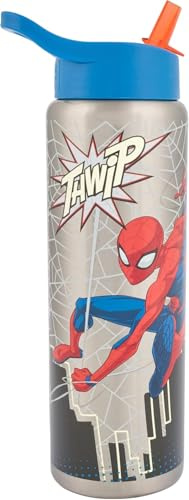 Marvel Spider-Man - Borraccia in acciaio inox con cannuccia, 750 ml, a prova di perdite, isolata, senza BPA, ideale per bambini e adulti, perfetta per scuola, viaggi e attività all'aperto