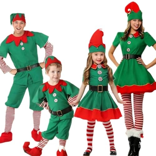 Disfraz de Elfo de Navidad Para Adultos Niños Disfraz de Rendimiento Para Padres e Hijos Divertidos Accesorios Fiestas Carnaval de Navidad con Sombrero, Camisa, Pantalón, Vestido y Calcetines