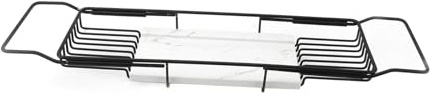 OKOVO Metal Marble Bathtub Rack Anti Slip Space Saving Multi Functional Expandable Bathtub Tray House Warming Gift (Black White)