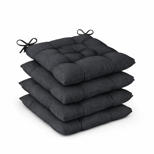 Meteorwi Home – Pack de 4 Cojines para Silla – 40 x 40 x 5 cm, con Cintas de Sujeción y Relleno Firme, Uso Interior y Exterior. (Negro, Pack 4-40x40x5cm)