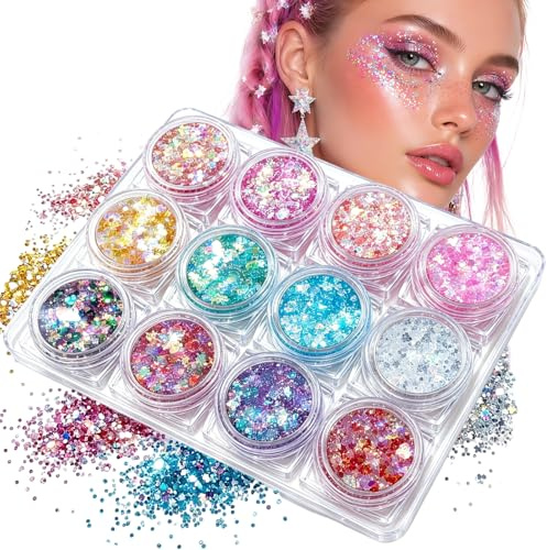Paillettes visage et corps 12 couleurs, Gel pailleté auto-adhésif avec pinceau, maquillage scintillant pour visage, yeux, ongles et cheveux, idéal pour festivals, carnaval, Halloween et fêtes, accesso