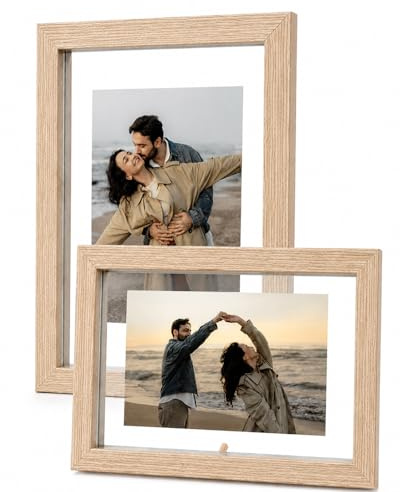 Juego de 2 Marcos de Fotos Flotantes 15x20cm, Doble Panel Acrílico Transparente, Marco de Madera para Mesa, Uso Vertical y Horizontal, Ideal para Decoración del Hogar y la Oficina, Madera