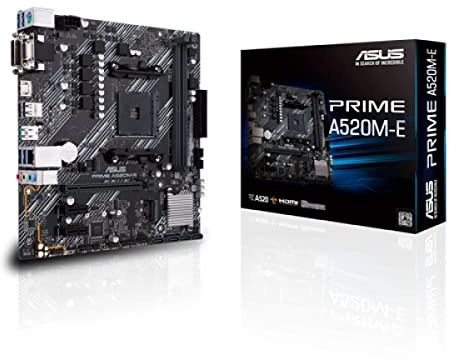 Asustek computer Prime A520M-E AMD A520 (Ryzen AM4) micro ATX motherboard with M.2 support, 1 Gb Ethernet, HDMI/DVI/D-Sub, SATA 6 Gbps, USB 3.2 Gen 2 Type-A