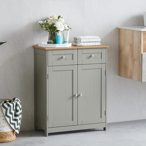 Bath Vida Priano 2 Drawer 2 Door Bathroom Cabinet Storage Cupboard Floor Standing Unit, Grey & Oak