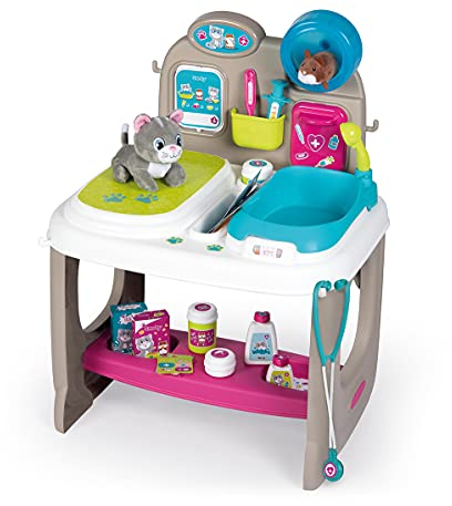 Smoby - Tierarzt Klinik - Spielset mit Untersuchungs- und Waschbereich, inklusive umfangreiches Arztzubehör, Plüschkatze und Plüschhamster, für Kinder ab 3 Jahren
